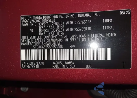 2025 Toyota Grand Highlander Hybrid Xle from USA, damaged, VIN 5TDACAB55SS053108